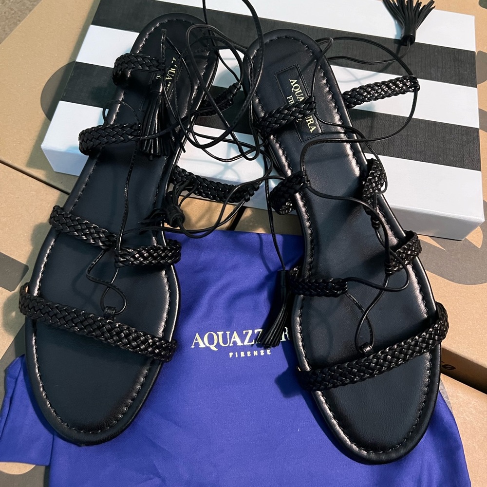 Aquazzura Stromboli Sandal Flat in Napa Black size 42